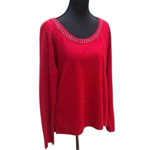 Carolyn Taylor Red Scoop Neck Sweater with Rhinestones Holiday Event XL EUC